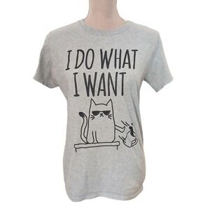 DOM Womens Gray Graphic T Shirt I Do What I Want Cat Size Small Funny